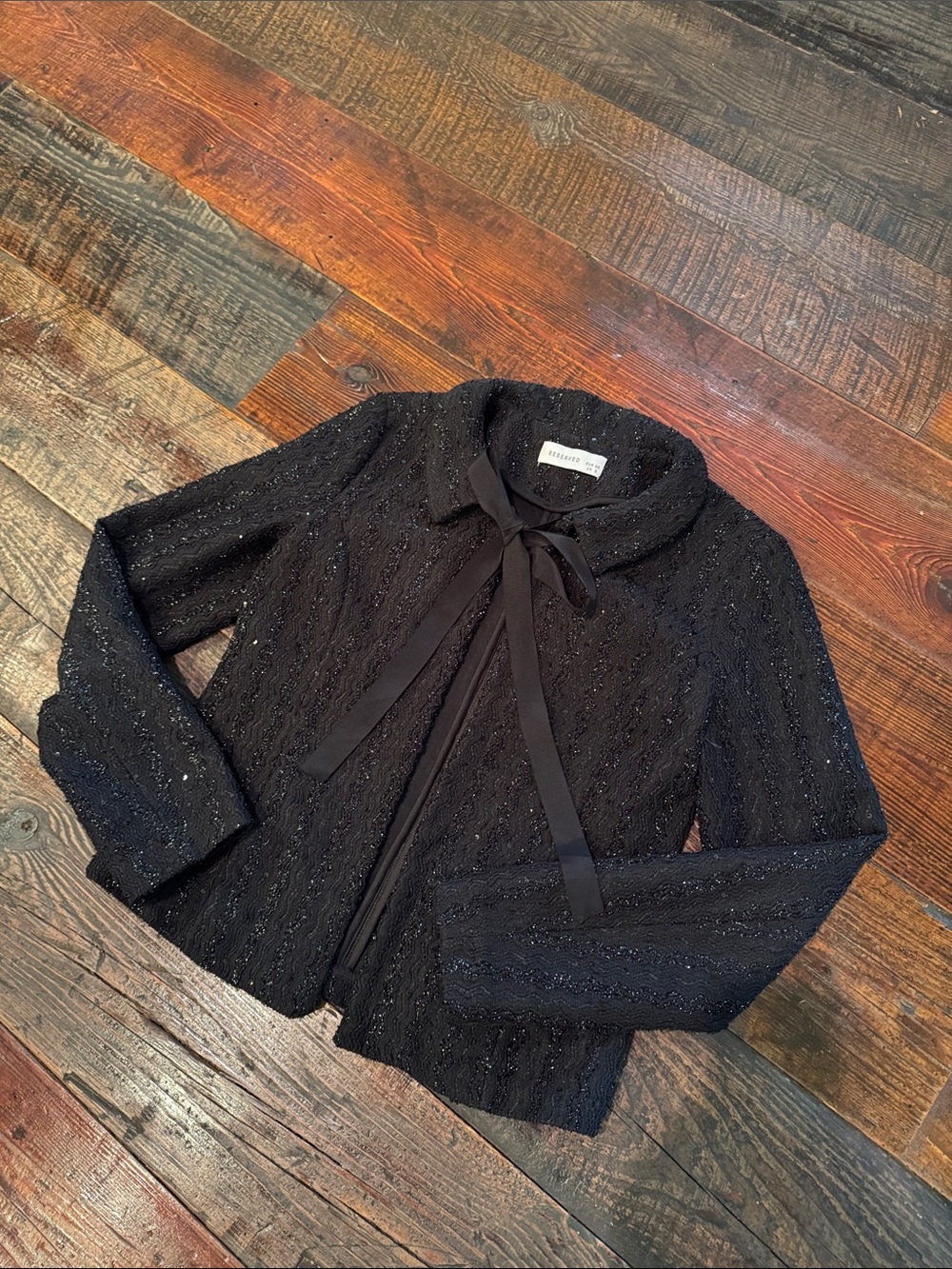 Reserved Black Textured Tie-Neck Blazer